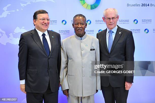 European Commission President Jose Manuel Barroso and EU Council president Herman Van Rompuy welcome Zambia's President Michael Chilufya Sata prior...