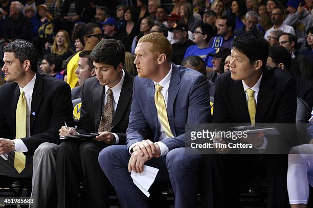 Golden State Warriors Assistant coach Brian Scalabrine watches the Santa Cruz Warriors from the bench against the Bakersfield Jam on April 1, 2014 at...
