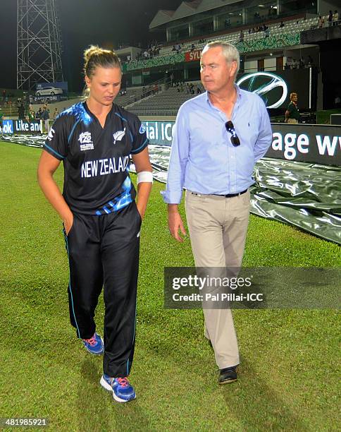 President Alan Isaac chats with Suzie Bates captain of New Zealand after the ICC Women's World Twenty20 playoff match 1 between New Zealand Women and...