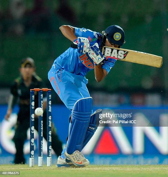 Smriti Mandana of India bats during the ICC Women's World Twenty20 Playoff 2 match between Pakistan Women and India Women played at Sylhet...