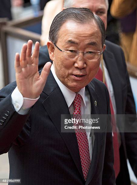 Secretary-General of the United Nations Ban Ki-moon arrives at the 4th EU-Africa Summit on April 2, 2014 in Brussels, Belgium. There is a special...