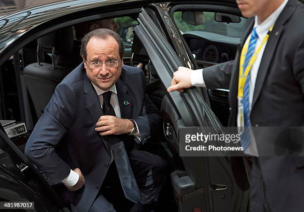 French President Francois Hollande arrives at the 4th EU-Africa Summit on April 2, 2014 in Brussels, Belgium. There is a special crisis meeting to...