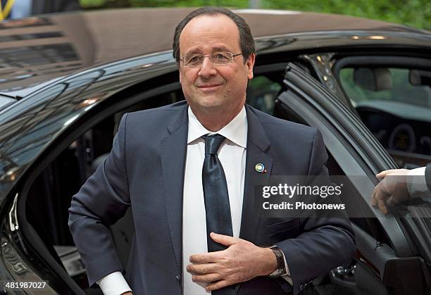 French President Francois Hollande arrives at the 4th EU-Africa Summit on April 2, 2014 in Brussels, Belgium. There is a special crisis meeting to...