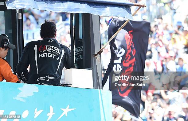 Keanu Reeves is seen during the opening ceremony of the Suzuka 8 Hours at the Suzuka Circuit on July 26, 2015 in Suzuka, Japan.