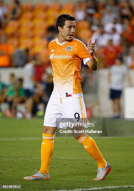 Erick Torres of the Houston Dynamo walks across the field during their game against the Los Angeles Galaxy at BBVA Compass Stadium on July 25, 2015...