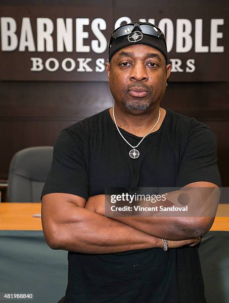 Rapper Chuck D signs his album "Man Plans God Laughs" at Barnes & Noble at The Grove on July 25, 2015 in Los Angeles, California.