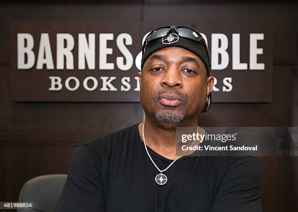 Rapper Chuck D signs his album "Man Plans God Laughs" at Barnes & Noble at The Grove on July 25, 2015 in Los Angeles, California.