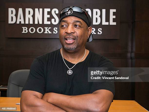 Rapper Chuck D signs his album "Man Plans God Laughs" at Barnes & Noble at The Grove on July 25, 2015 in Los Angeles, California.