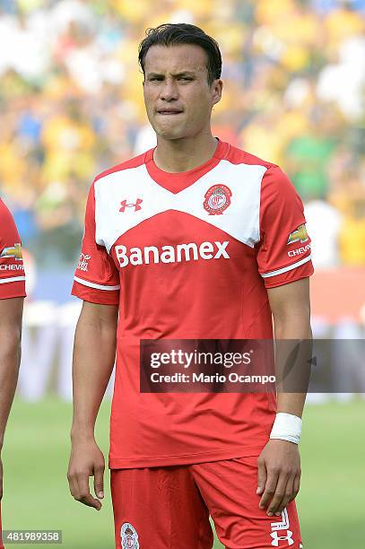 Aaron Galindo of Toluca poses prior a 1st round match between Tigres UANL and Toluca as part of the Apertura 2015 Liga MX at Universitario Stadium on...