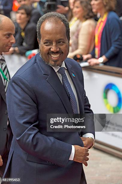 President of Somalia Hassan Sheikh Mohamud arrives at the 4th EU-Africa Summit on April 2, 2014 in Brussels, Belgium. There is a special crisis...