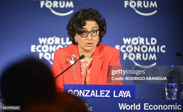 Executive Director of the International Trade Centre Arancha Gonzalez, answers questions during a press conference next to the Founder and Group...