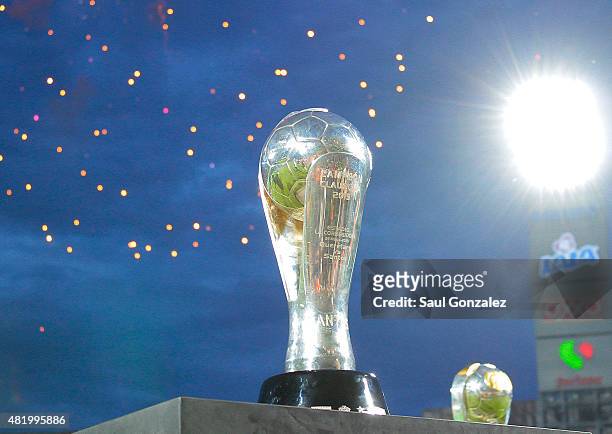 Trophy of Clausura 2013 won by Santos is exhibited during a 1st round match between Santos Laguna and Leon as part of the Apertura 2015 Liga MX at...