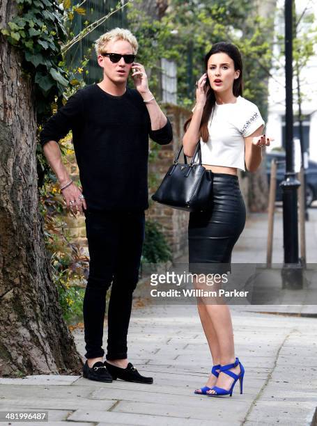 Jamie Laing and Lucy Watson seen filming for Made In Chelsea at The Phene on April 2, 2014 in London, England.