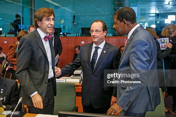 Belgium Prime Minister Elio Di Rupo, French President Francois Hollande and Benin President Thomas Bini Yayi attends the first day of the summit of...