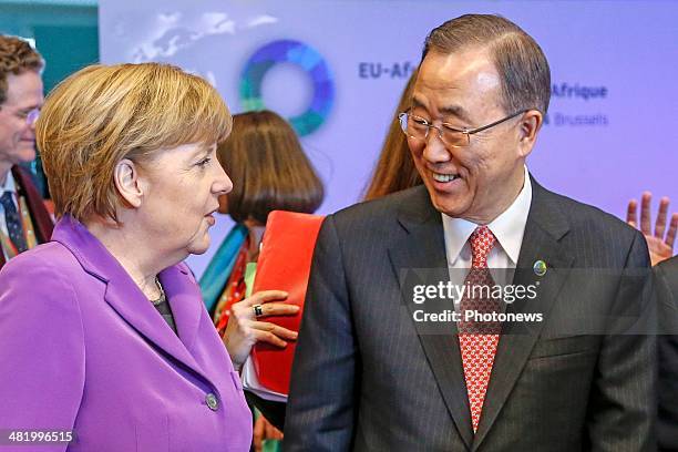 German Chancellor Angela Merkel and UN Secretary-General Ban Ki-moon attend the first day of the summit of European Union and African heads of state...