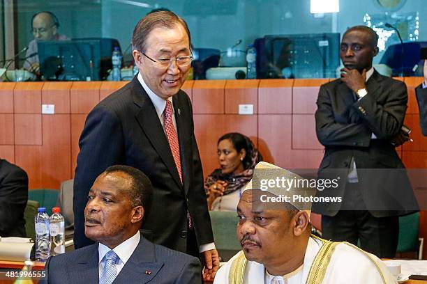 Congolese President Denis Sassou Nguesso, UN Secretary-General Ban Ki-moon and Comoros President Ikililou Dhoinine attend the first day of the summit...