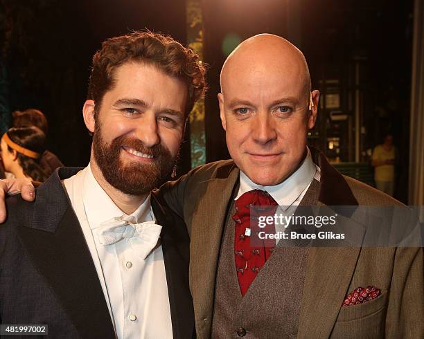 Matthew Morrison and Anthony Warlow pose backstage celebrating "Finding Neverland" on Broadway's 150th Performance at The Lunt Fontanne Theater on...