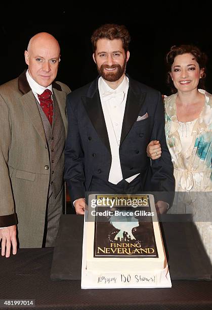 Anthony Warlow, Matthew Morrison and Laura Michelle Kelly pose backstage celebrating "Finding Neverland" on Broadway's 150th Performance at The Lunt...