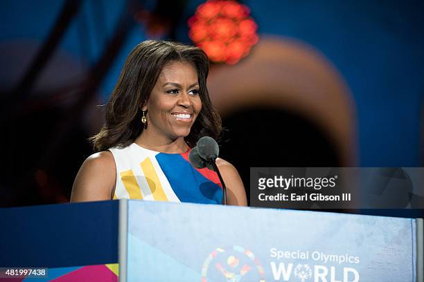 First Lady Michelle Obama speaks at the opening ceremony of the Special Olympics World Games Los Angeles 2015 at Los Angeles Memorial Coliseum on...