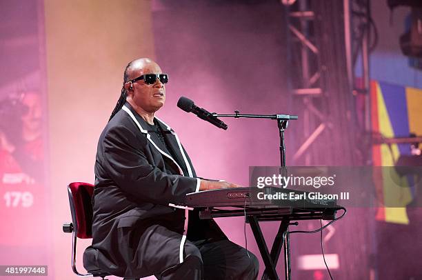 Recording Artist Stevie Wonder performs at the opening ceremony of the Special Olympics World Games Los Angeles 2015 at Los Angeles Memorial Coliseum...