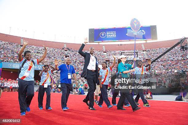 Former NBA Player Dikembe Mutombo attends the Opening Ceremony Of The Special Olympics World Games Los Angeles 2015 at Los Angeles Memorial Coliseum...