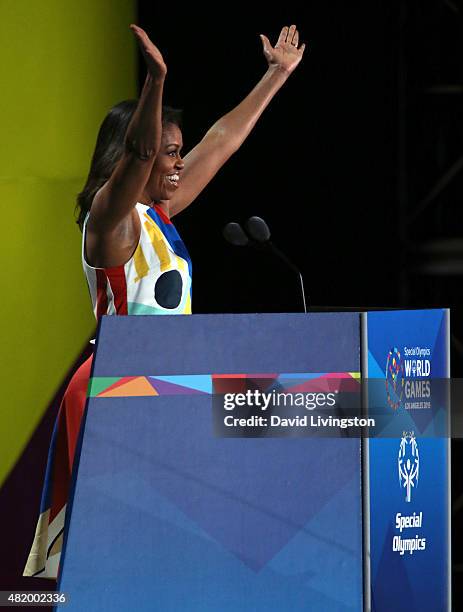 First Lady Michelle Obama speaks at the opening ceremony of the Special Olympics World Games Los Angeles 2015 at the Los Angeles Memorial Coliseum on...