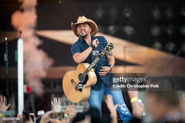Jason Aldean performs during Kenny Chesney's The Big Revival Tour & Jason Aldean's Burn It Down 2015 at Rose Bowl on July 25, 2015 in Pasadena,...