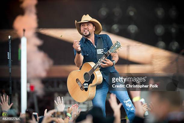 Jason Aldean performs during Kenny Chesney's The Big Revival Tour & Jason Aldean's Burn It Down 2015 at Rose Bowl on July 25, 2015 in Pasadena,...
