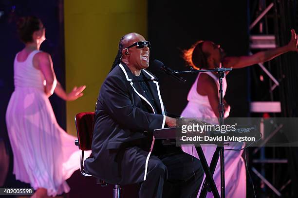 Recording artist Stevie Wonder performs on stage at the opening ceremony of the Special Olympics World Games Los Angeles 2015 at the Los Angeles...