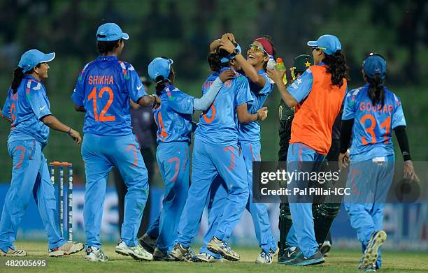 Sravanthi Naidu of India celebrates the wicket of Qanita Jalil of Pakistan during the ICC Women's World Twenty20 Playoff 2 match between Pakistan...