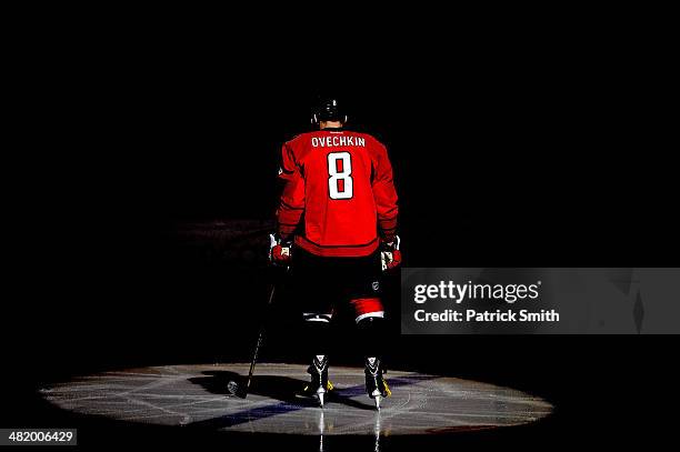 Alex Ovechkin of the Washington Capitals is introduced against the Dallas Stars during an NHL game at Verizon Center on April 1, 2014 in Washington,...