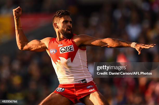 Lewis Jetta of the Sydney Swans celebrates his goal with an Indigenous Dance during the 2015 AFL round 17 match between the West Coast Eagles and the...