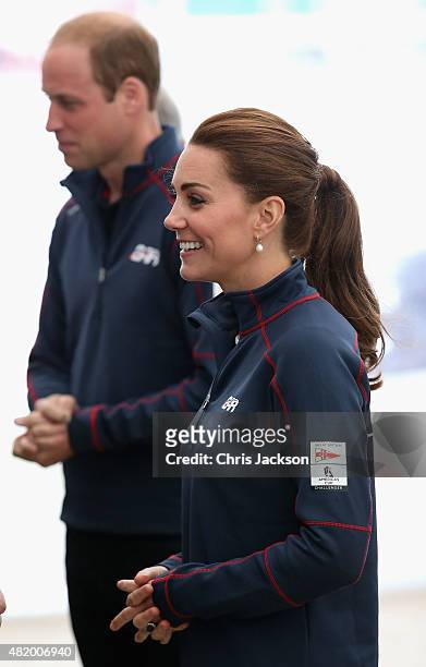 Catherine, Duchess of Cambridge and Prince William, Duke of Cambridge arrive at the Portsmouth Historical Dockyard as she attends the America's Cup...