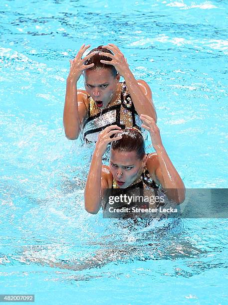 Alexandra Nemich and Yekaterina Nemich of Kazakhstan compete in the Women's Duet Technical Preliminary Synchronised Swimming on day two of the 16th...