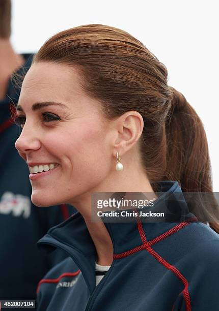 Catherine, Duchess of Cambridge arrives at the Portsmouth Historical Dockyard as she attends the America's Cup World Series event on July 26, 2015 in...