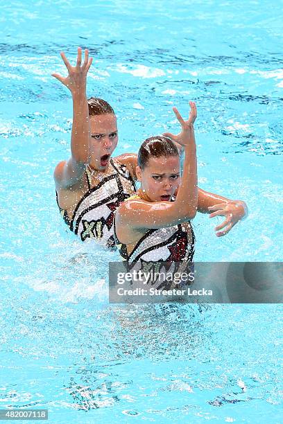 Alexandra Nemich and Yekaterina Nemich of Kazakhstan compete in the Women's Duet Technical Preliminary Synchronised Swimming on day two of the 16th...
