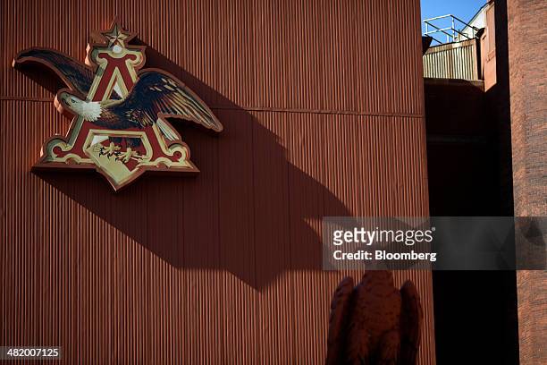 The Anheuser-Busch Budweiser eagle logo is displayed at the brewery in St. Louis, Missouri, U.S., on Tuesday, April 1, 2014. Anheuser-Busch InBev NV,...