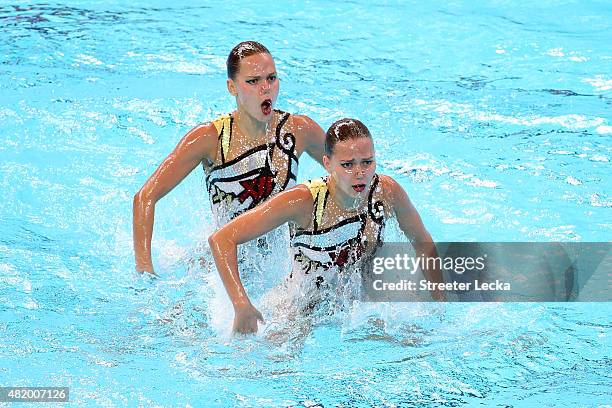 Alexandra Nemich and Yekaterina Nemich of Kazakhstan compete in the Women's Duet Technical Preliminary Synchronised Swimming on day two of the 16th...