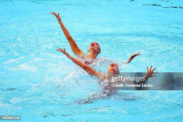 Alexandra Nemich and Yekaterina Nemich of Kazakhstan compete in the Women's Duet Technical Preliminary Synchronised Swimming on day two of the 16th...