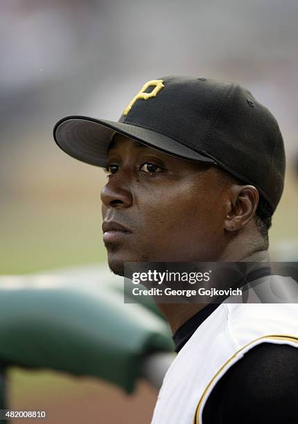 Tike Redman of the Pittsburgh Pirates looks on from the dugout during a Major League Baseball game against the Milwaukee Brewers at PNC Park on July...