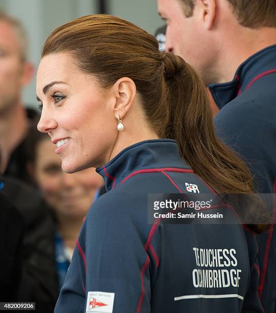 Catherine, Duchess of Cambridge visits the New Zealand team HQ during a visit to The America's Cup World Series on July 26, 2015 in Portsmouth,...