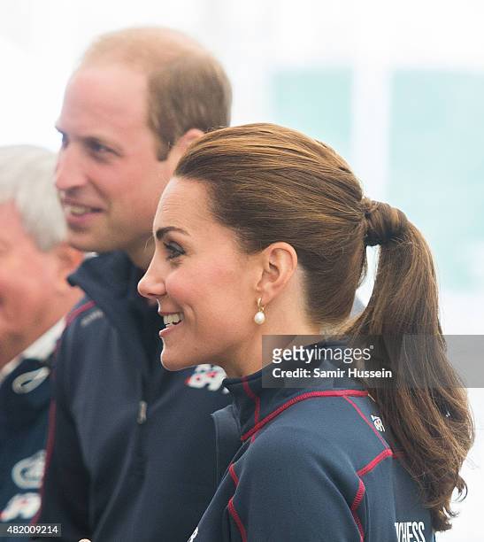 Catherine, Duchess of Cambridge and Prince William, Duke of Cambridge visit the New Zealand team HQ during their visit to The America's Cup World...