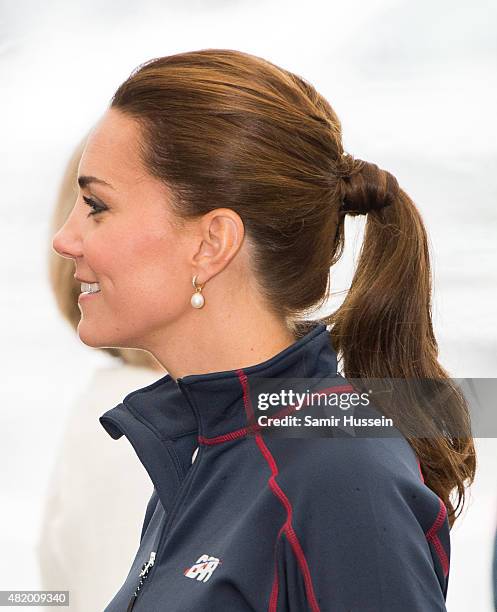 Catherine, Duchess of Cambridge visits the New Zealand team HQ during a visit to The America's Cup World Series on July 26, 2015 in Portsmouth,...