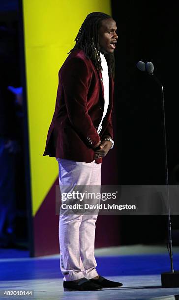 Player Jamaal Charles attends the opening ceremony of the Special Olympics World Games Los Angeles 2015 at the Los Angeles Memorial Coliseum on July...