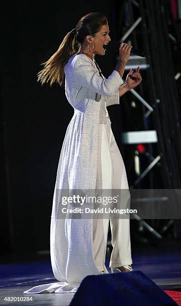 Singer Cassadee Pope performs on stage at the opening ceremony of the Special Olympics World Games Los Angeles 2015 at the Los Angeles Memorial...