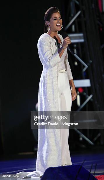 Singer Cassadee Pope performs on stage at the opening ceremony of the Special Olympics World Games Los Angeles 2015 at the Los Angeles Memorial...