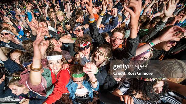 Festival goers cheer at the main stage at the Wickerman festival at Dundrennan on July 25, 2015 in Dumfries, Scotland.
