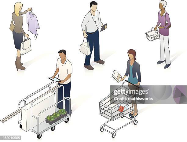 isometric customers illustration - man woman shopping bag stock illustrations