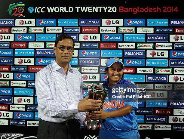 Soniya Dabir of India receives the player of the match award during the presentation after the ICC Women's World Twenty20 Playoff 2 match between...