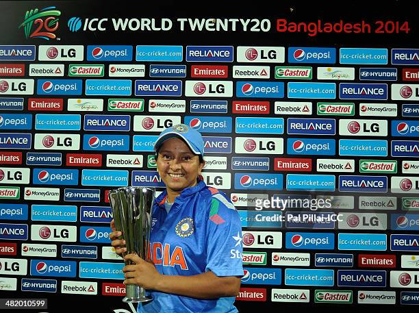 Soniya Dabir of India poses with the player of the match award during the presentation after the ICC Women's World Twenty20 Playoff 2 match between...